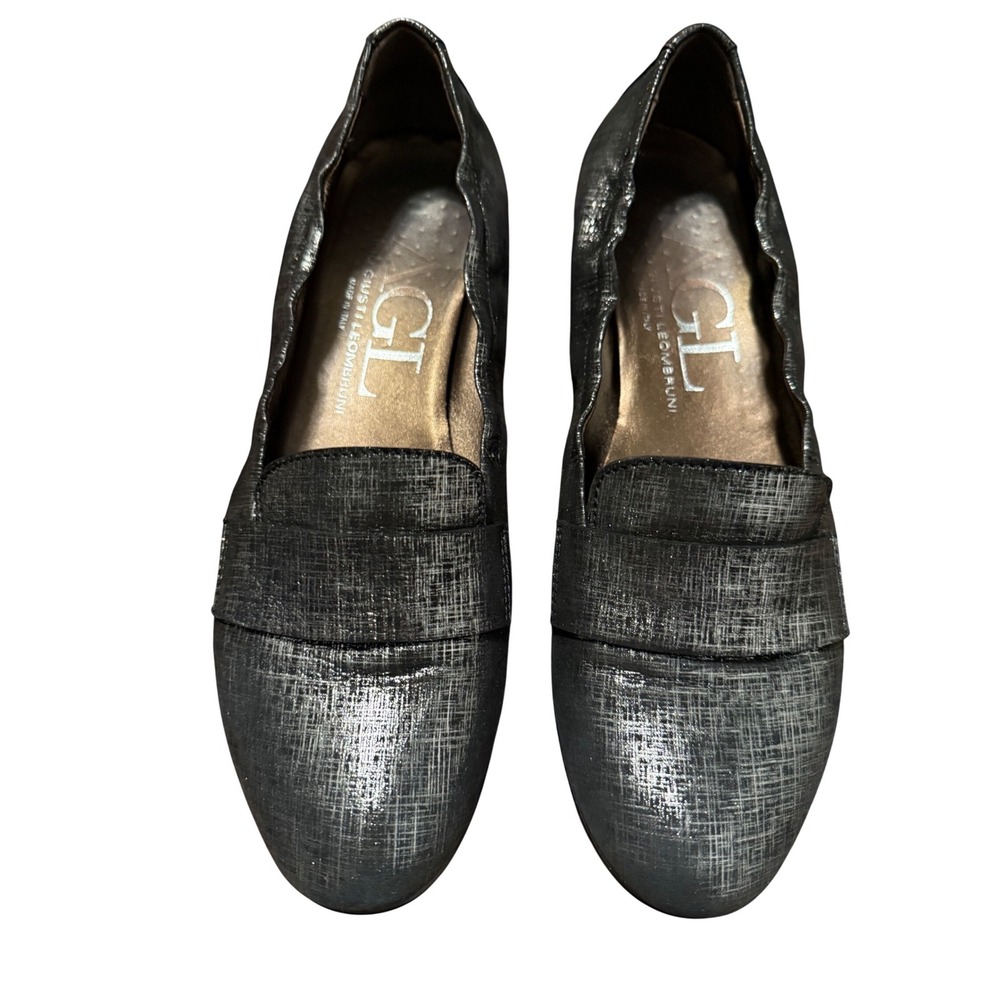 AGL Attilio Giusti Leombruni Metallic Silver Black Textured Penny Loafers Italy‎